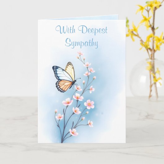 Diepste sympathie Blue Waterverf Flower Butterfly Kaart (Gele Bloem)