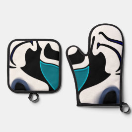 Dieptelading: Abstract Zwart, Wit & Blauw Ovenwant & Pannenlap Set