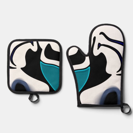 Dieptelading: Abstract Zwart, Wit & Blauw Ovenwant & Pannenlap Set (Voorkant)