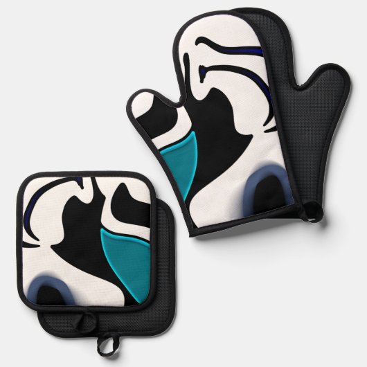 Dieptelading: Abstract Zwart, Wit & Blauw Ovenwant & Pannenlap Set (Voorkant / Achterkant)