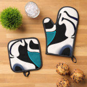 Dieptelading: Abstract Zwart, Wit & Blauw Ovenwant & Pannenlap Set (Top down)