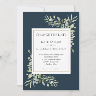 Diepzee Blauw Wijzig de datum Groene bruiloft Save The Date