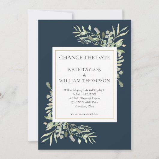 Diepzee Blauw Wijzig de datum Groene bruiloft Save The Date (Voorkant)