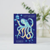 Diepzee Octopus Blauwe Bubbel Marine Verjaardag Briefkaart (Staand voorkant)