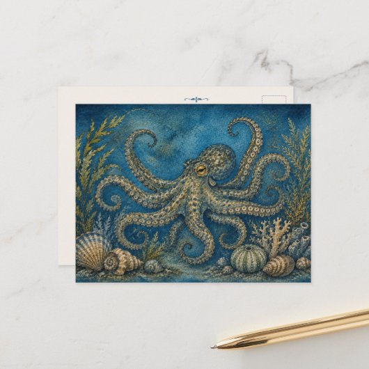 Diepzee Octopus Briefkaart Aquarel Geïnspireerd (Voorkant / Achterkant in situ)