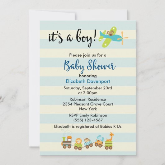 Dier Speelgoed Train en Vliegtuig Baby Boy Shower Kaart (Voorkant)