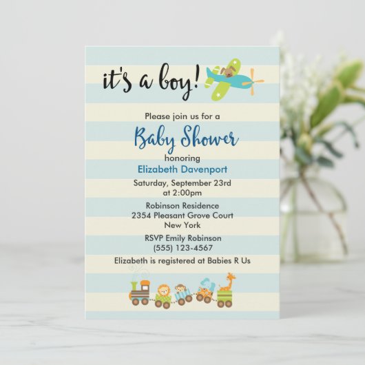 Dier Speelgoed Train en Vliegtuig Baby Boy Shower Kaart (Staand voorkant)
