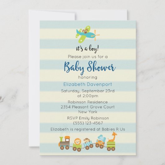 Dier Speelgoed Train en Vliegtuig Baby Boy Shower Kaart (Voorkant)