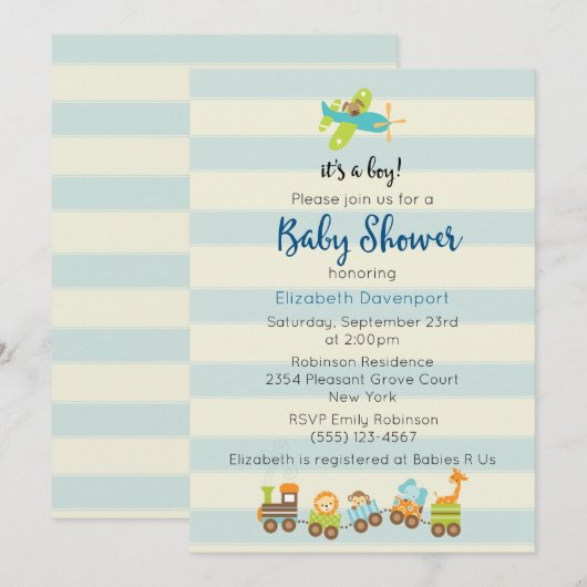 Dier Speelgoed Train en Vliegtuig Baby Boy Shower Kaart (Voorkant / Achterkant)