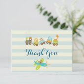 Dier Speelgoed Train en Vliegtuig op Stripes Dank  Bedankkaart (Staand voorkant)