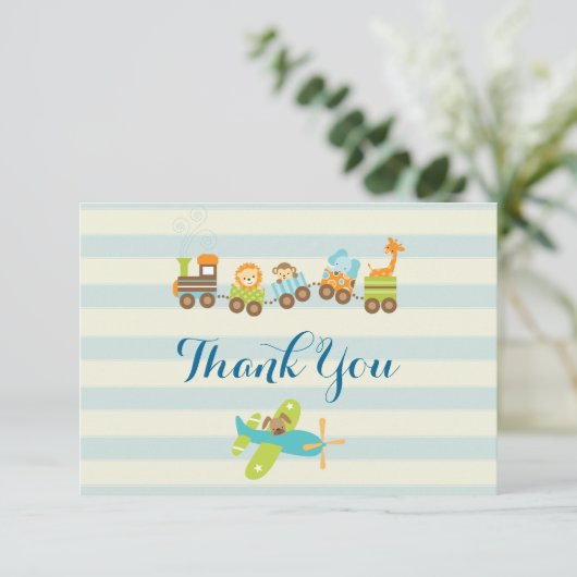 Dier Speelgoed Train en Vliegtuig op Stripes Dank  Bedankkaart (Staand voorkant)