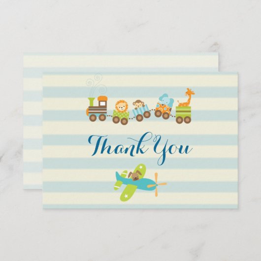 Dier Speelgoed Train en Vliegtuig op Stripes Dank Bedankkaart (Voorkant / Achterkant)