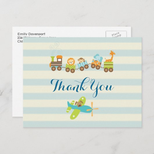 Dier Speelgoed Train en Vliegtuig op Stripes Dank  Briefkaart (Voorkant / Achterkant)