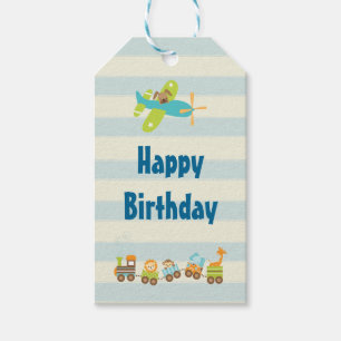 Dier Speelgoed Train en Vliegtuig op Stripes Verja Cadeaulabel