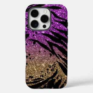 Dierafdrukken op Paarse en Gold Glitter iPhone 16 Pro Hoesje