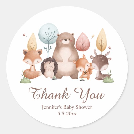 dierbare bosdieren bedankt babyshower cute ronde sticker (Voorkant)