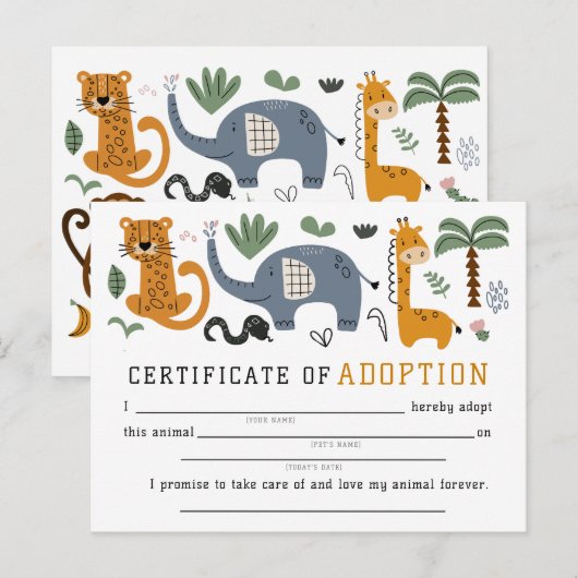 Dieren Adoptie Certificaat Twee Wilde Safari Kinde Briefkaart (Voorkant / Achterkant)