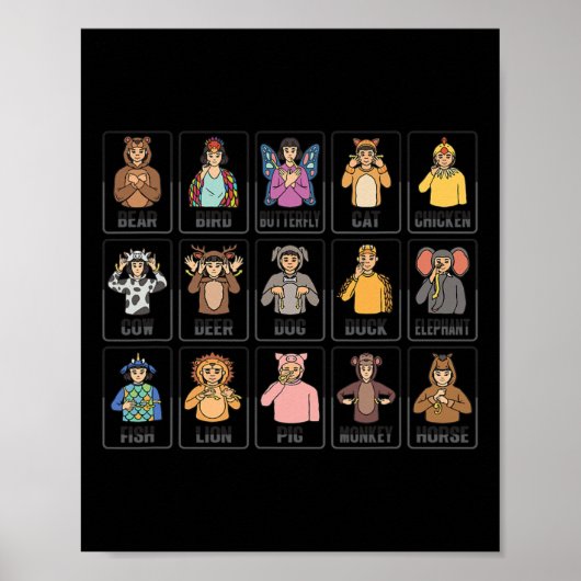 Dieren ASL Handgebaar Dieren Doof Gehoorverlies Poster (Voorkant)