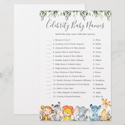 Dieren Baby shower Celebrity Baby Names Games (Voorkant / Achterkant)