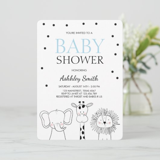 Dieren Baby shower nodigen Zoo Safari Oerwoud Boy  Kaart (Staand voorkant)