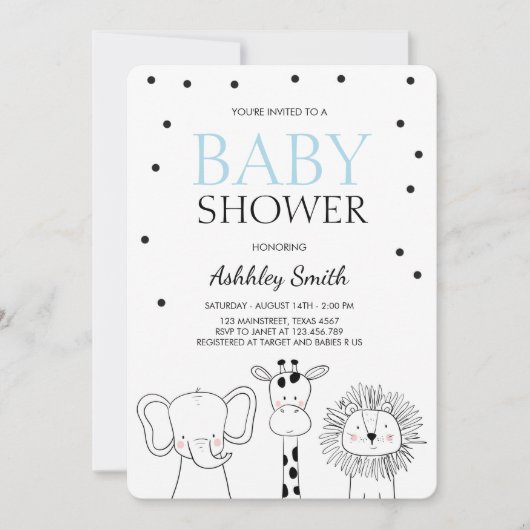 Dieren Baby shower nodigen Zoo Safari Oerwoud Boy Kaart (Voorkant)