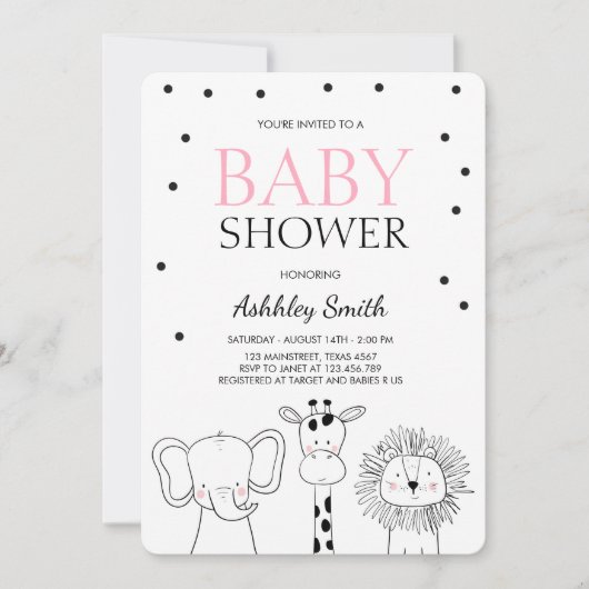 Dieren Baby shower nodigen Zoo Safari Oerwoud Girl Kaart (Voorkant)