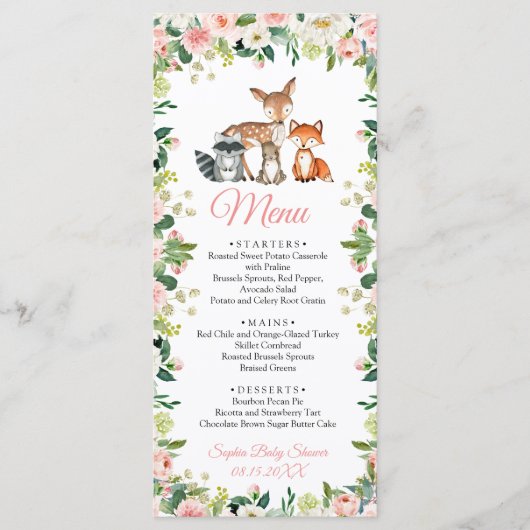 Dieren & Blush Roze Bloemige Baby Shower Platte Me Menu (Voorkant)