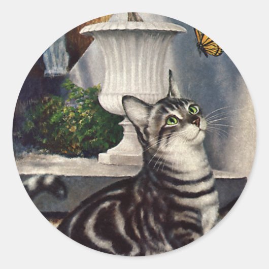  dieren, cute Tabby Cat snd Butterfly Ronde Sticker (Voorkant)