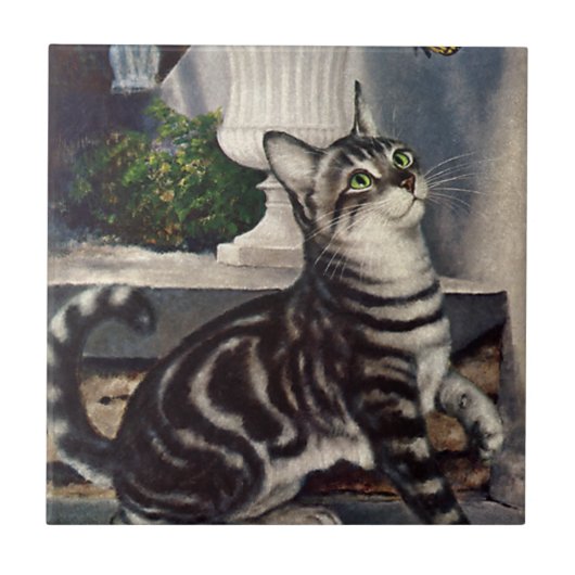 dieren, cute Tabby Cat snd Butterfly Tegeltje (Voorkant)