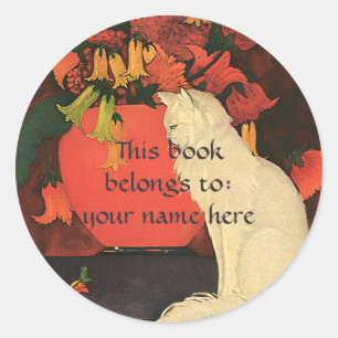 Dieren, Elegante witte kat Bookplate Ronde Sticker