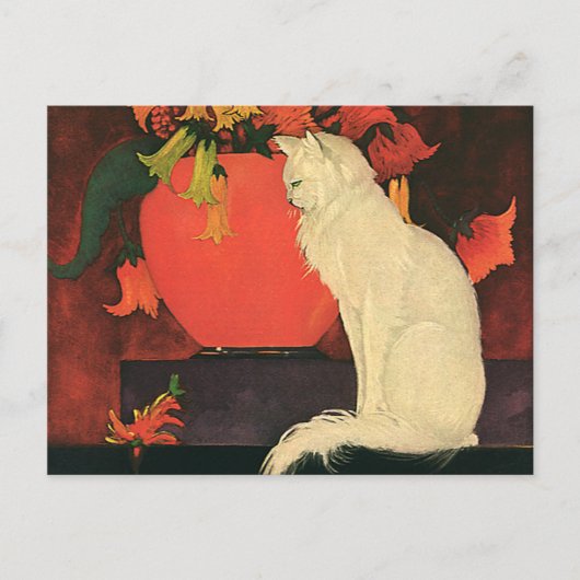  dieren, elegante witte kat, herfstbloemen briefkaart (Voorkant)