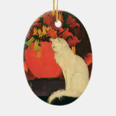  dieren, elegante witte kat, herfstbloemen keramisch ornament (Achterkant)