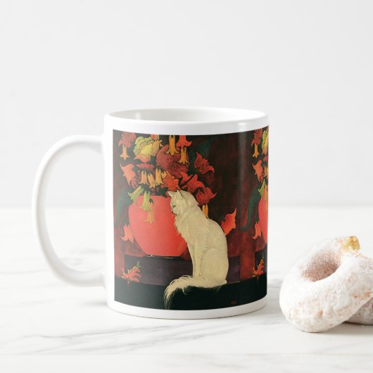  dieren, elegante witte kat, herfstbloemen koffiemok (Met donut)