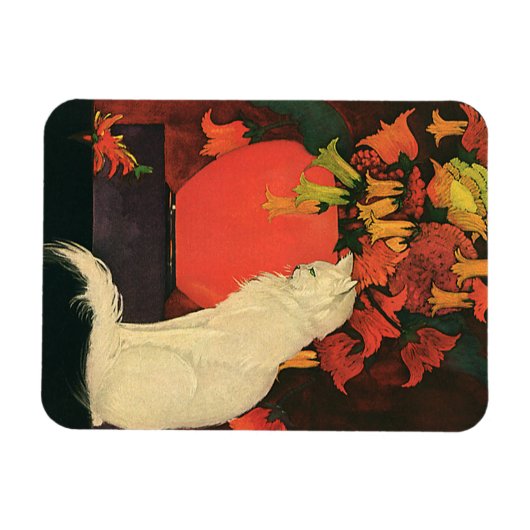  dieren, elegante witte kat, herfstbloemen magneet (Horizontaal)
