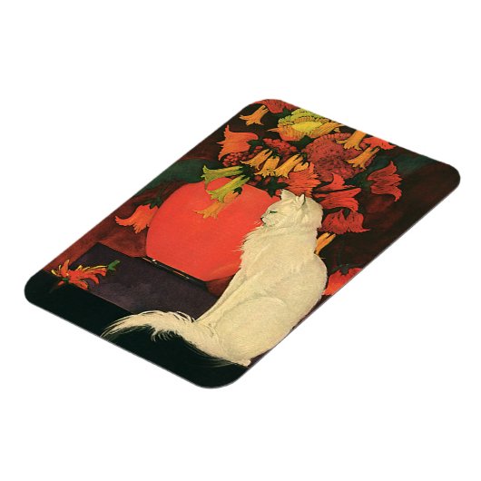  dieren, elegante witte kat, herfstbloemen magneet (Linkerzijde)