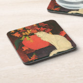  dieren, elegante witte kat, herfstbloemen onderzetter (Linkerzijde)