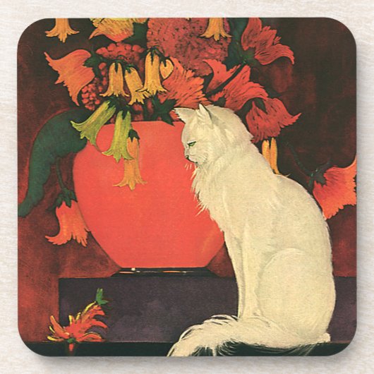  dieren, elegante witte kat, herfstbloemen onderzetter (Voorkant)