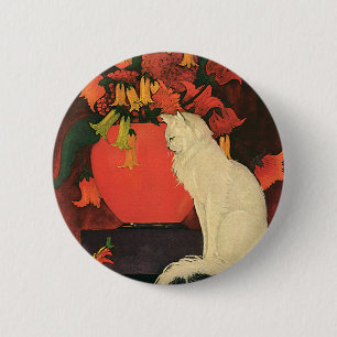  dieren, elegante witte kat, herfstbloemen ronde button 5,7 cm
