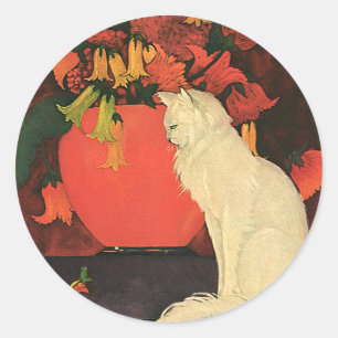  dieren, elegante witte kat, herfstbloemen ronde sticker