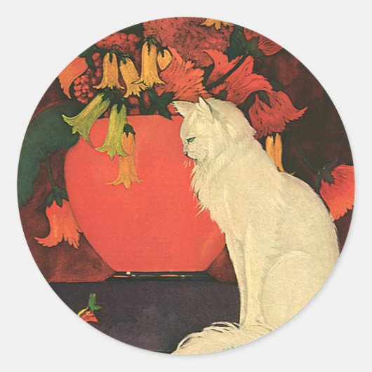 dieren, elegante witte kat, herfstbloemen ronde sticker (Voorkant)