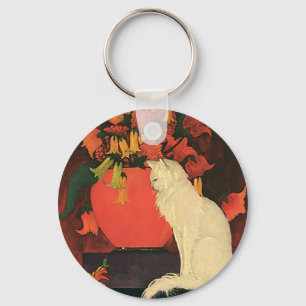  dieren, elegante witte kat, herfstbloemen sleutelhanger