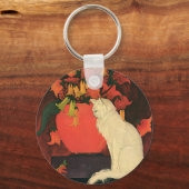  dieren, elegante witte kat, herfstbloemen sleutelhanger (Voorkant)
