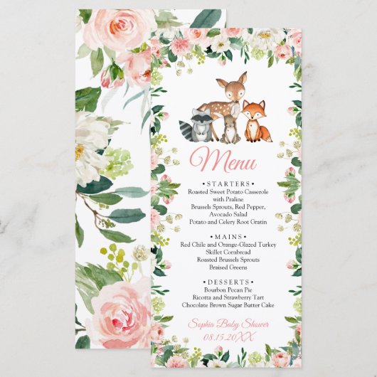 Dieren en Blush Pink Floral Baby shower Flat Menu (Voorkant / Achterkant)