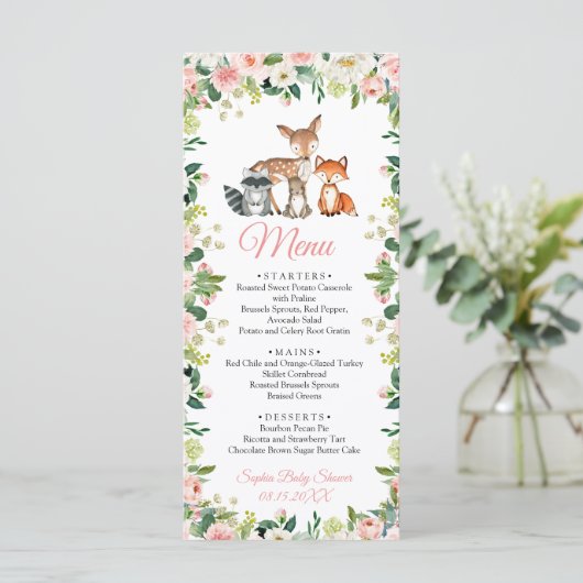Dieren en Blush Pink Floral Baby shower Flat Menu (Staand voorkant)