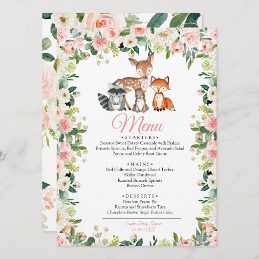 Dieren en Blush Pink Floral Baby shower Menu (Voorkant / Achterkant)