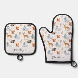Dieren in de winter Wildlife Sneeuw Persoonlijke n Ovenwant & Pannenlap Set