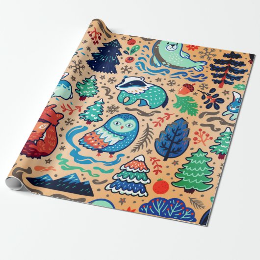 DIEREN IN HET BOS KERSTINPAKPAPIER CADEAUPAPIER (Uitgerold)