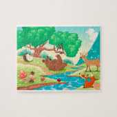 Dieren in het hout. Cartoon landschap. Legpuzzel (Horizontaal)