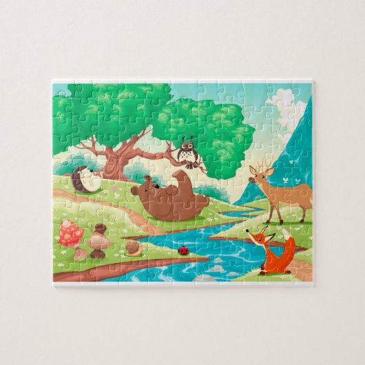 Dieren in het hout. Cartoon landschap. Legpuzzel (Horizontaal)