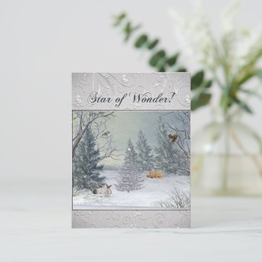 Dieren in het winterbos, boom met ster, ster briefkaart (Staand voorkant)